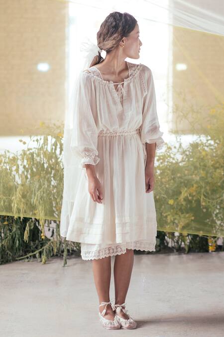 Itr By Khyati Pande_Off White Cotton Keyhole Neck Water Lily Checkered Hand Block Print Dress_at_Aza_Fashions