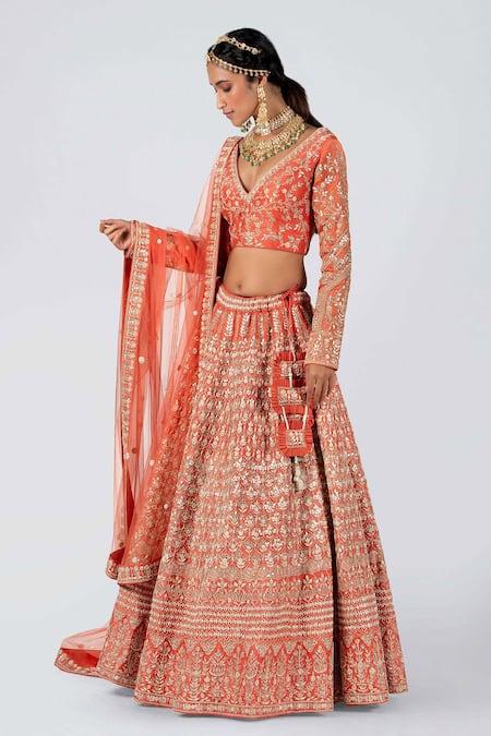 Suruchi Parakh_Orange Raw Silk Gota Plunge V Embroidered Bridal Lehenga Set _Online_at_Aza_Fashions