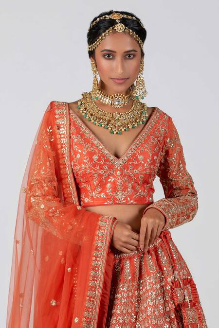 Buy_Suruchi Parakh_Orange Raw Silk Gota Plunge V Embroidered Bridal Lehenga Set _Online_at_Aza_Fashions