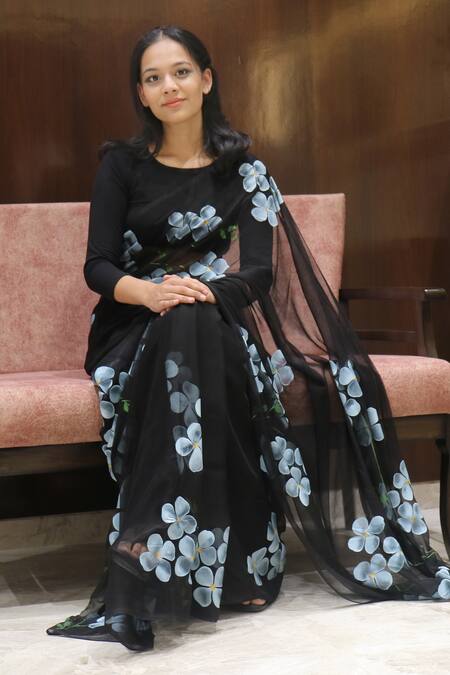 Meghstudio_Black Saree Viscose Chiffon Hand Painted Dogwood With Unstitched Blouse Piece _Online_at_Aza_Fashions