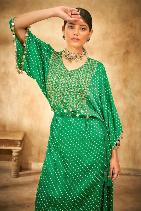 Aditi Somani_Green Modal Satin Beads, Bandhani, Coins V Neck Pattern Tassel Kaftan _Online_at_Aza_Fashions