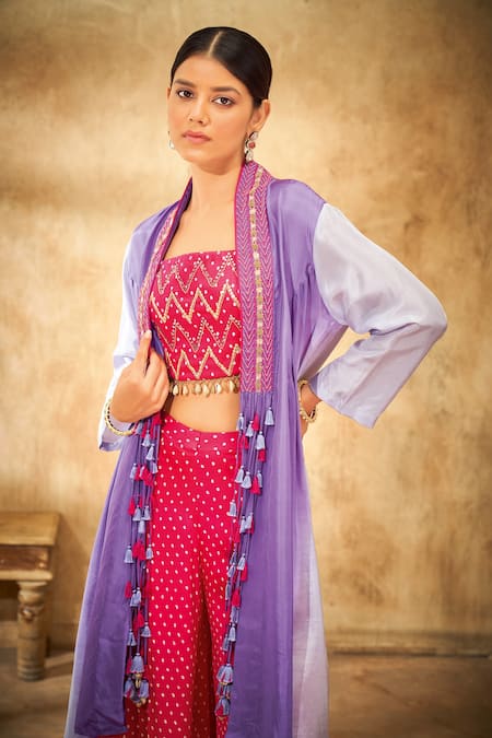 Aditi Somani_Purple Pure Silk And Modal Satin Floral, Bandhani Color Blocked Cape And Pant Set _Online_at_Aza_Fashions