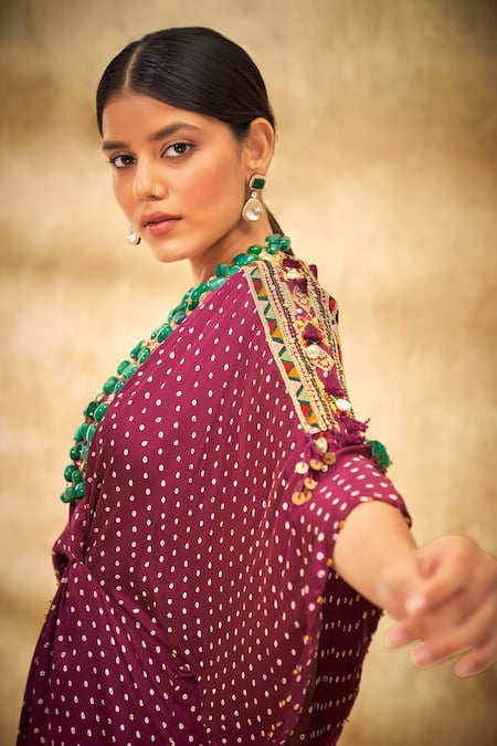 Aditi Somani_Wine Modal Satin Gota Patti, Shells, Bandhani V Neck Pattern Tunic _Online_at_Aza_Fashions