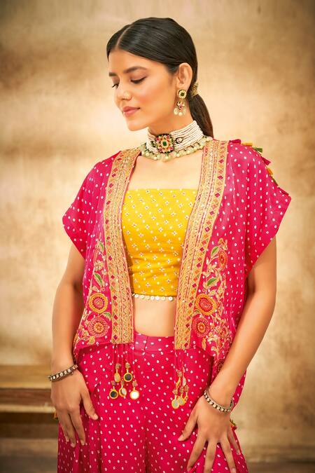 Aditi Somani_Pink Modal Satin Floral, Bandhani Square Neck And Embroidered Jacket Palazzo Set _Online_at_Aza_Fashions