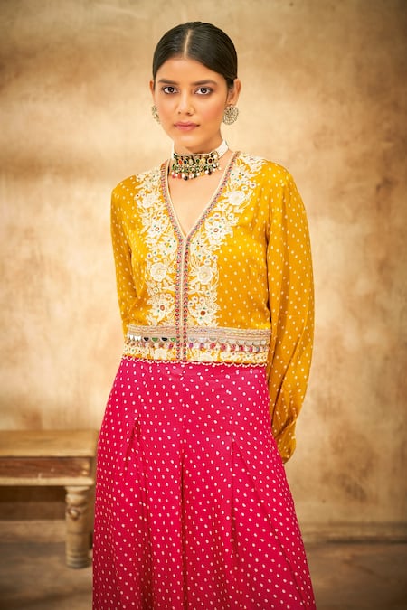 Aditi Somani_Pink Modal Satin Floral, Bandhani V Gara Embroidered Top And Flared Pant Set _Online_at_Aza_Fashions