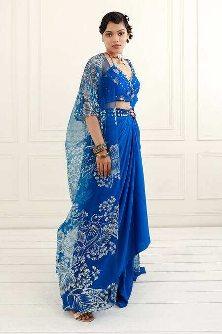 Buy_EK Soot_Blue Organza And Crepe Print & Embroidery Cape & Pre-draped Saree Set  _Online_at_Aza_Fashions