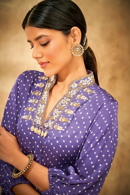 Aditi Somani_Purple Modal Satin Beads, Bandhani, Flower Stand Pattern Balloon Sleeve Tunic _Online_at_Aza_Fashions