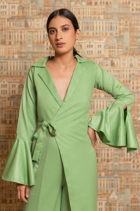 B'Infinite_Green Crepe Lapel Collar Overlapped Blazer Jumpsuit_at_Aza_Fashions