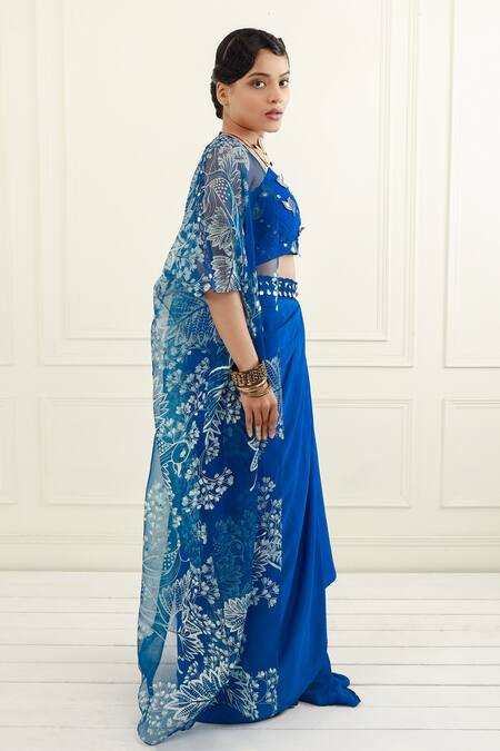 Shop_EK Soot_Blue Organza And Crepe Print & Embroidery Cape & Pre-draped Saree Set  _Online_at_Aza_Fashions