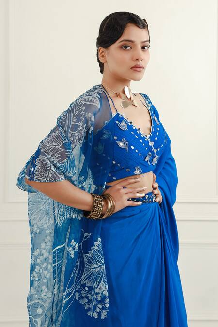 EK Soot_Blue Organza And Crepe Print & Embroidery Cape & Pre-draped Saree Set  _at_Aza_Fashions