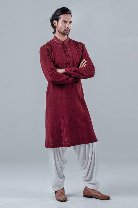 Punit Arora_Maroon Modal Thread Work Floral Embroidered Cuff Sleeved Kurta Set _Online_at_Aza_Fashions