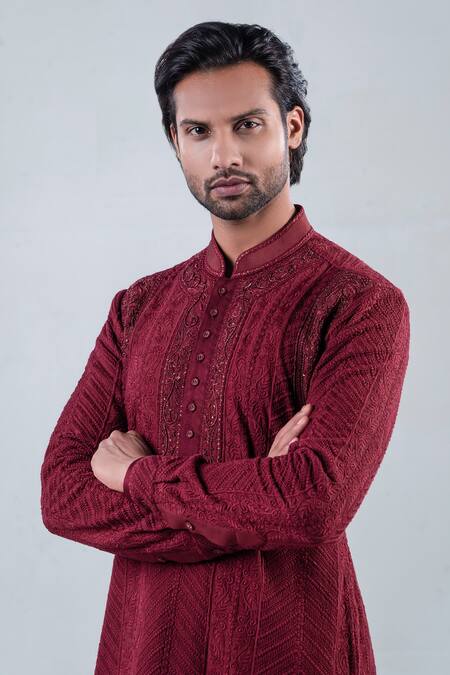 Buy_Punit Arora_Maroon Modal Thread Work Floral Embroidered Cuff Sleeved Kurta Set _Online_at_Aza_Fashions