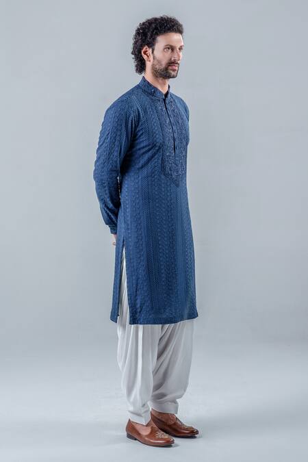 Punit Arora_Blue Modal Floral, Geometric Embroidered Kurta Set _Online_at_Aza_Fashions