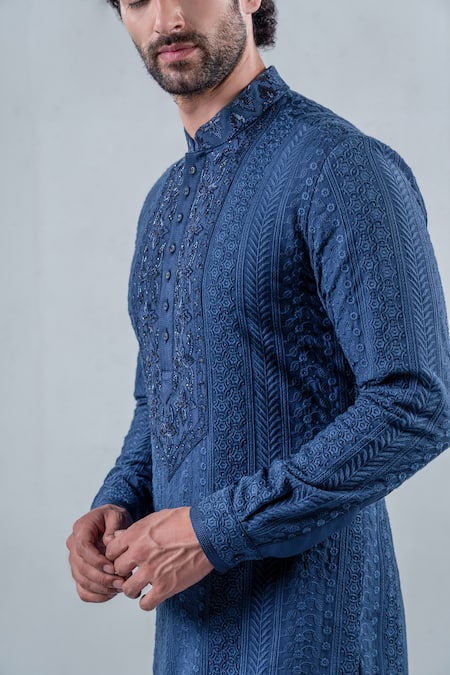 Buy_Punit Arora_Blue Modal Floral, Geometric Embroidered Kurta Set _Online_at_Aza_Fashions