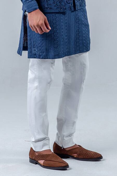 Shop_Punit Arora_Blue Matka Silk, Modal Floral Sleeveless Embroidered Bundi And Kurta Set _Online_at_Aza_Fashions