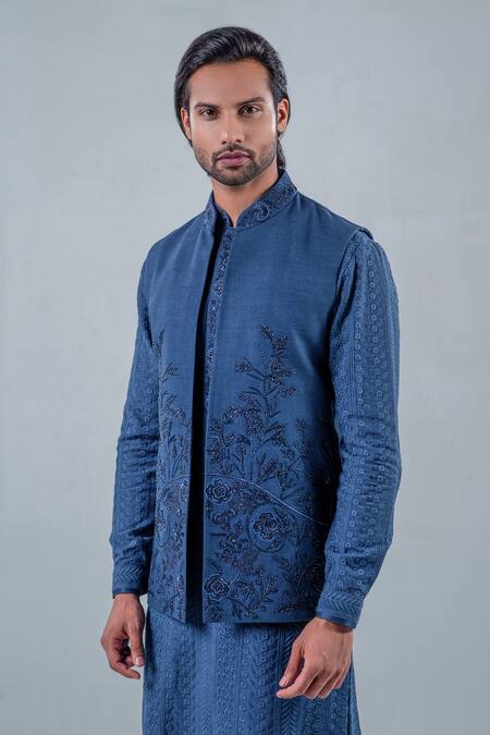 Punit Arora_Blue Matka Silk, Modal Floral Sleeveless Embroidered Bundi And Kurta Set _Online_at_Aza_Fashions