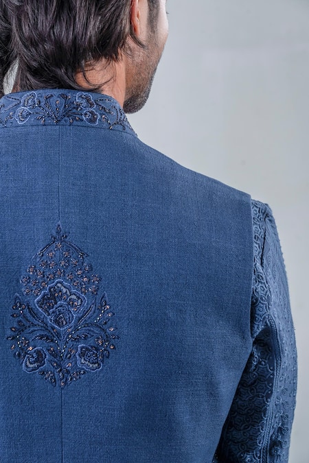 Buy_Punit Arora_Blue Matka Silk, Modal Floral Sleeveless Embroidered Bundi And Kurta Set _Online_at_Aza_Fashions