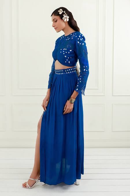 Shop_EK Soot_Blue Organza And Crepe Embroidery Resham Floral Crop Top & Skirt Set  _Online_at_Aza_Fashions
