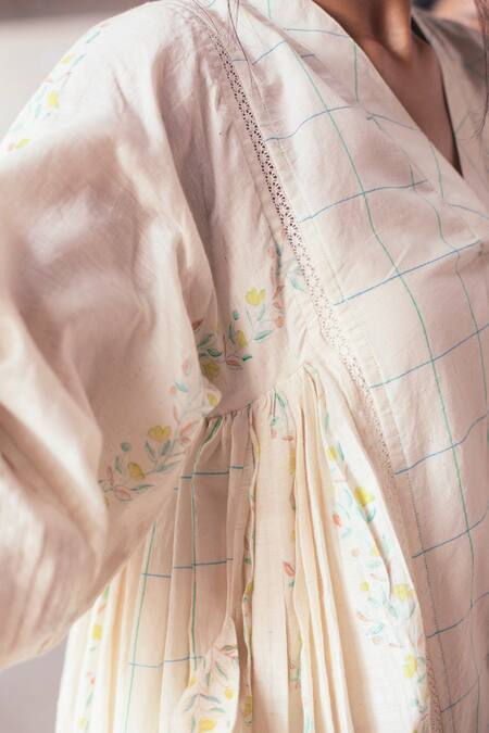 Shop_Itr By Khyati Pande_Off White Handloom Cotton, Silk Checkered Floral Hand Block Print Midi Dress_Online_at_Aza_Fashions