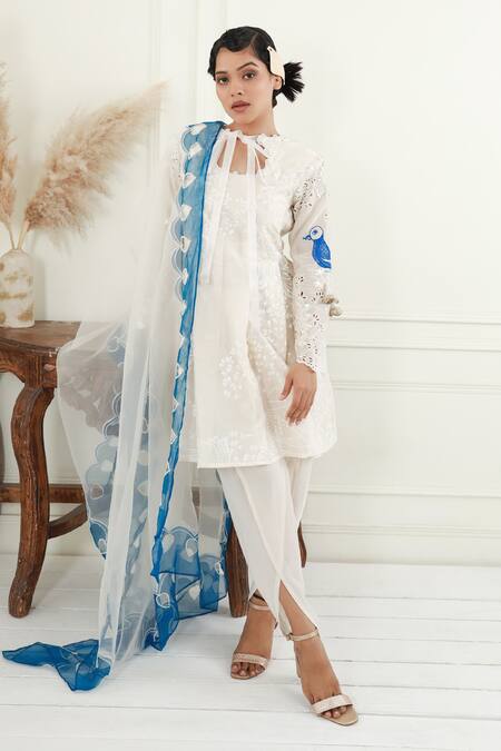 Buy_EK Soot_Off White Kurta  Chanderi Printed Floral Tie-up Neck Dhoti Pant Set _Online_at_Aza_Fashions