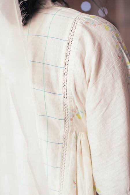 Itr By Khyati Pande_Off White Handloom Cotton, Silk Checkered Floral Hand Block Print Midi Dress_at_Aza_Fashions