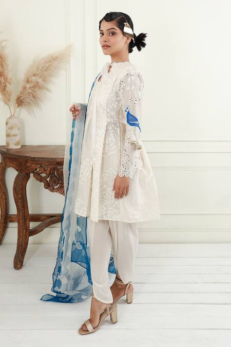 Shop_EK Soot_Off White Kurta  Chanderi Printed Floral Tie-up Neck Dhoti Pant Set _Online_at_Aza_Fashions