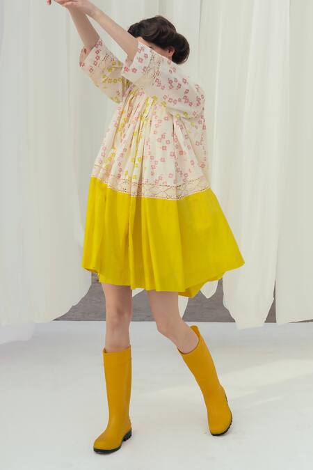 Itr By Khyati Pande_Beige Handloom , Embroidery Dewdrop Hand Block Print Shift Dress_Online_at_Aza_Fashions