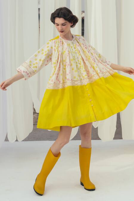 Buy_Itr By Khyati Pande_Beige Handloom , Embroidery Dewdrop Hand Block Print Shift Dress_Online_at_Aza_Fashions