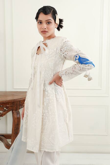 EK Soot_Off White Kurta  Chanderi Printed Floral Tie-up Neck Dhoti Pant Set _at_Aza_Fashions