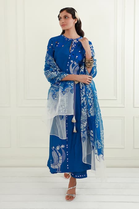 Buy_EK Soot_Blue Chanderi Printed Floral Round Embroidered Kurta Pant Set _Online_at_Aza_Fashions