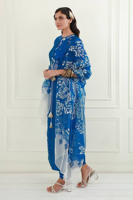 Shop_EK Soot_Blue Chanderi Printed Floral Round Embroidered Kurta Pant Set _Online_at_Aza_Fashions