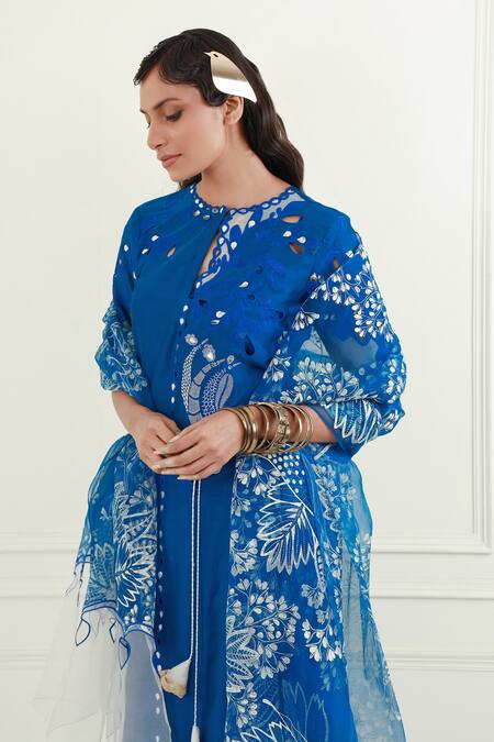 EK Soot_Blue Chanderi Printed Floral Round Embroidered Kurta Pant Set _at_Aza_Fashions