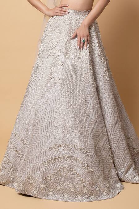 Disha Patil_Silver Raw Silk Lehenga Hand Embroidery Sequins Plunge V Neck Lotus Set _Online_at_Aza_Fashions