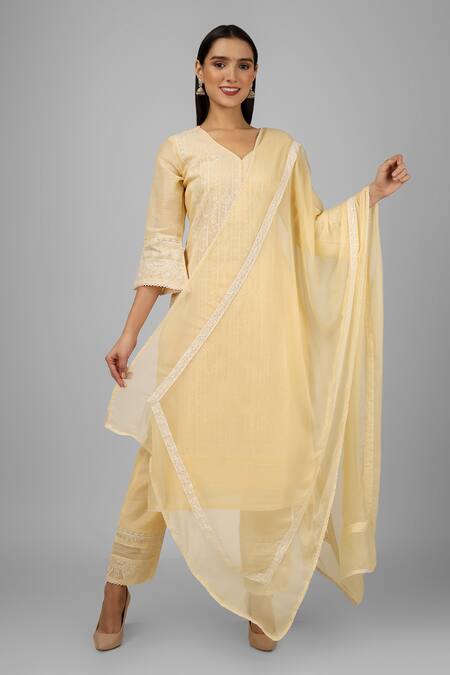 Shrutkirti Yellow Cotton Chanderi Embroidery Chikankari V Neck Flower Kurta Set Online at Aza Fashions Shrutkirti_Yellow Cotton Chanderi Embroidery Chikankari V Neck Flower Kurta Set_Online_at_Aza_Fashions