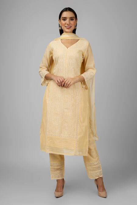 Buy Shrutkirti Yellow Cotton Chanderi Embroidery Chikankari V Neck Flower Kurta Set Online at Aza Fashions Buy_Shrutkirti_Yellow Cotton Chanderi Embroidery Chikankari V Neck Flower Kurta Set_Online_at_Aza_Fashions