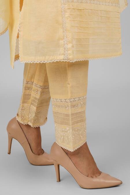 Shop Shrutkirti Yellow Cotton Chanderi Embroidery Chikankari V Neck Flower Kurta Set Online at Aza Fashions Shop_Shrutkirti_Yellow Cotton Chanderi Embroidery Chikankari V Neck Flower Kurta Set_Online_at_Aza_Fashions