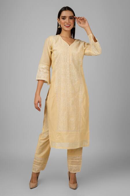 Shrutkirti Yellow Cotton Chanderi Embroidery Chikankari V Neck Flower Kurta Set at Aza Fashions Shrutkirti_Yellow Cotton Chanderi Embroidery Chikankari V Neck Flower Kurta Set_at_Aza_Fashions