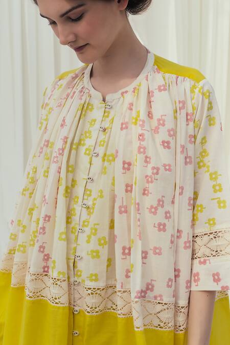 Itr By Khyati Pande_Beige Handloom , Embroidery Dewdrop Hand Block Print Shift Dress_at_Aza_Fashions