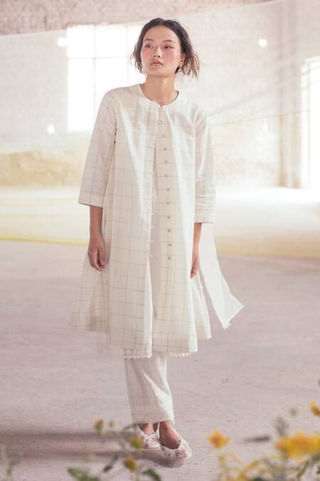 Shop_Itr By Khyati Pande_Off White Handloom Cotton Embroidery Round Iris Hand Block Print Shirt Tunic_Online_at_Aza_Fashions