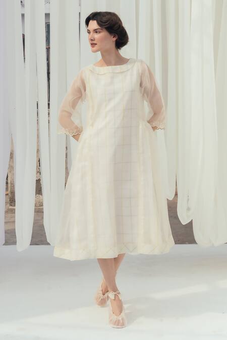 Itr By Khyati Pande_Beige Silk Organza, Cotton Embroidery, Lace Boat Side Gathered Panelled Dress_Online_at_Aza_Fashions