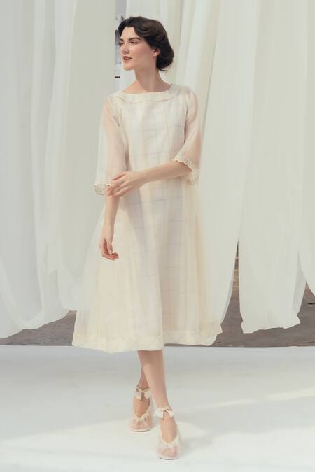 Buy_Itr By Khyati Pande_Beige Silk Organza, Cotton Embroidery, Lace Boat Side Gathered Panelled Dress_Online_at_Aza_Fashions