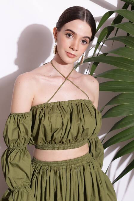Ashico_Green Cotton Plain Criss Cross Halter Skirt Set_Online_at_Aza_Fashions