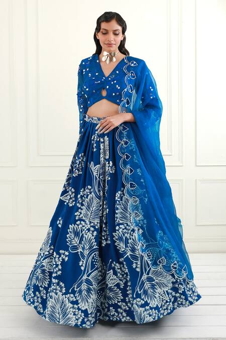 EK Soot_Blue Organza Printed Floral V Neck Pleated Lehenga Set _Online_at_Aza_Fashions