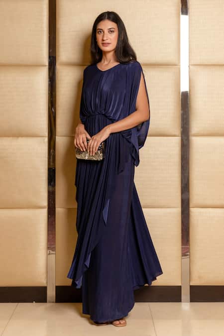 Buy_B'Infinite_Blue Crepe V Neck Draped Gown _Online_at_Aza_Fashions