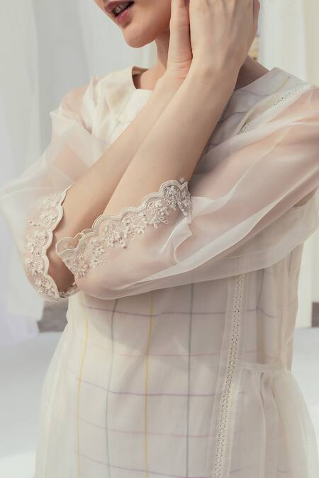 Shop_Itr By Khyati Pande_Beige Silk Organza, Cotton Embroidery, Lace Boat Side Gathered Panelled Dress_Online_at_Aza_Fashions