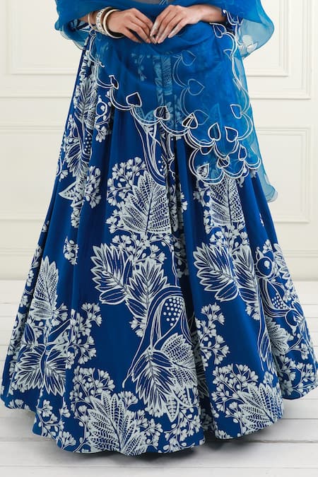 Shop_EK Soot_Blue Organza Printed Floral V Neck Pleated Lehenga Set _Online_at_Aza_Fashions