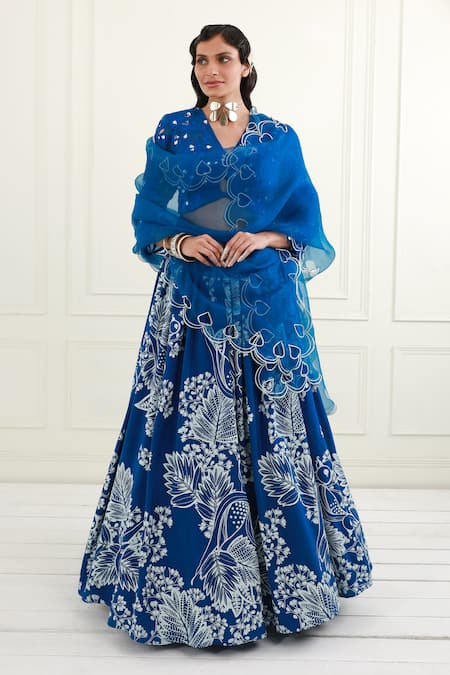 EK Soot_Blue Organza Printed Floral V Neck Pleated Lehenga Set _at_Aza_Fashions