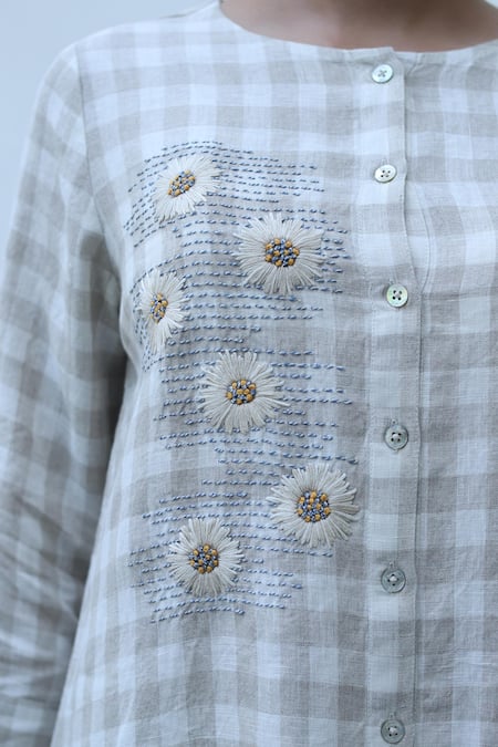 Shop_Linen Bloom_Beige 100% Linen Embroidery Thread Round Checkered Tunic _Online_at_Aza_Fashions