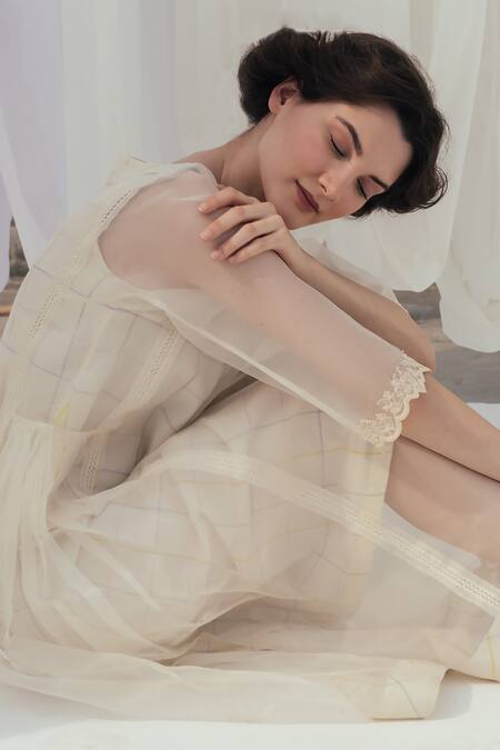 Itr By Khyati Pande_Beige Silk Organza, Cotton Embroidery, Lace Boat Side Gathered Panelled Dress_at_Aza_Fashions