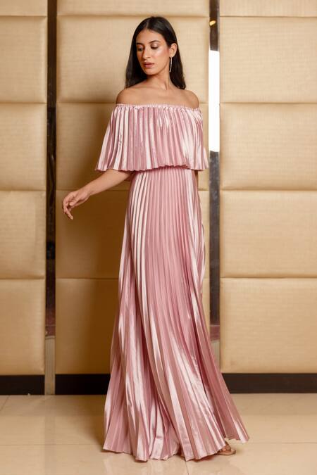 Shop_B'Infinite_Pink Satin One Shoulder Pleated Gown _Online_at_Aza_Fashions
